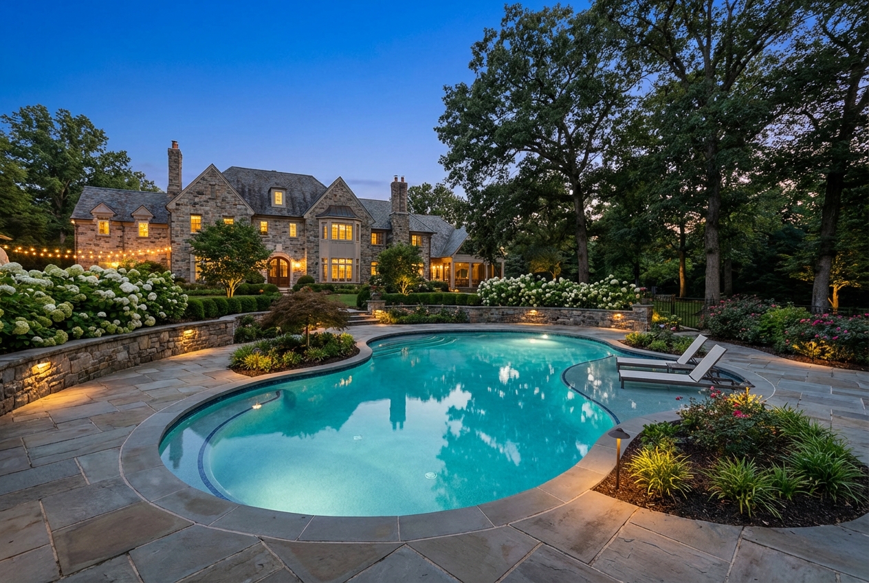 Large fiberglass pool with tanning ledge in Villanova PA