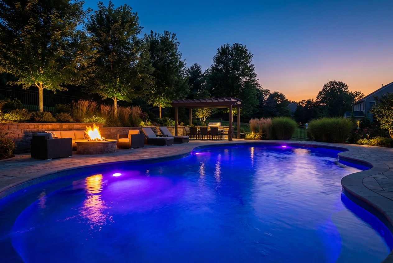 Evening lit fiberglass pool in Haverford PA