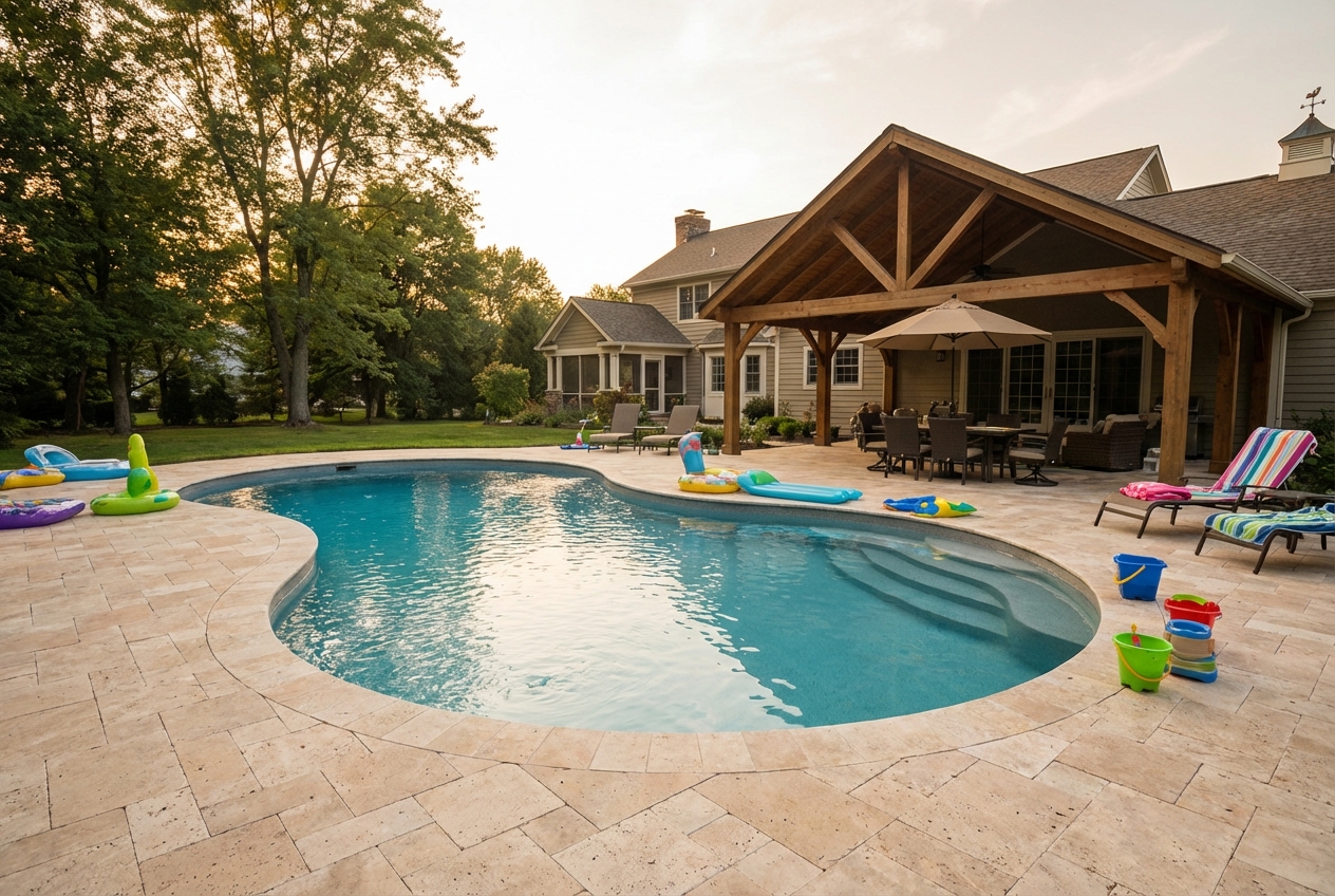 Family fiberglass pool with deck in West Chester PA